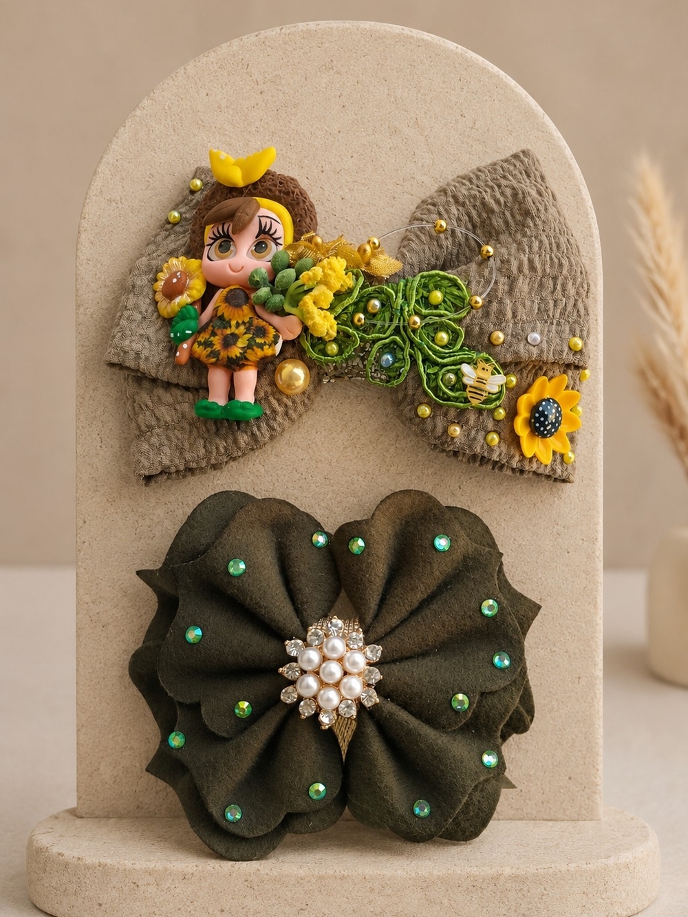 Handmade Sunflower Girl Hair Bow Ser - Rhinestone Floral Hair Accessories.
